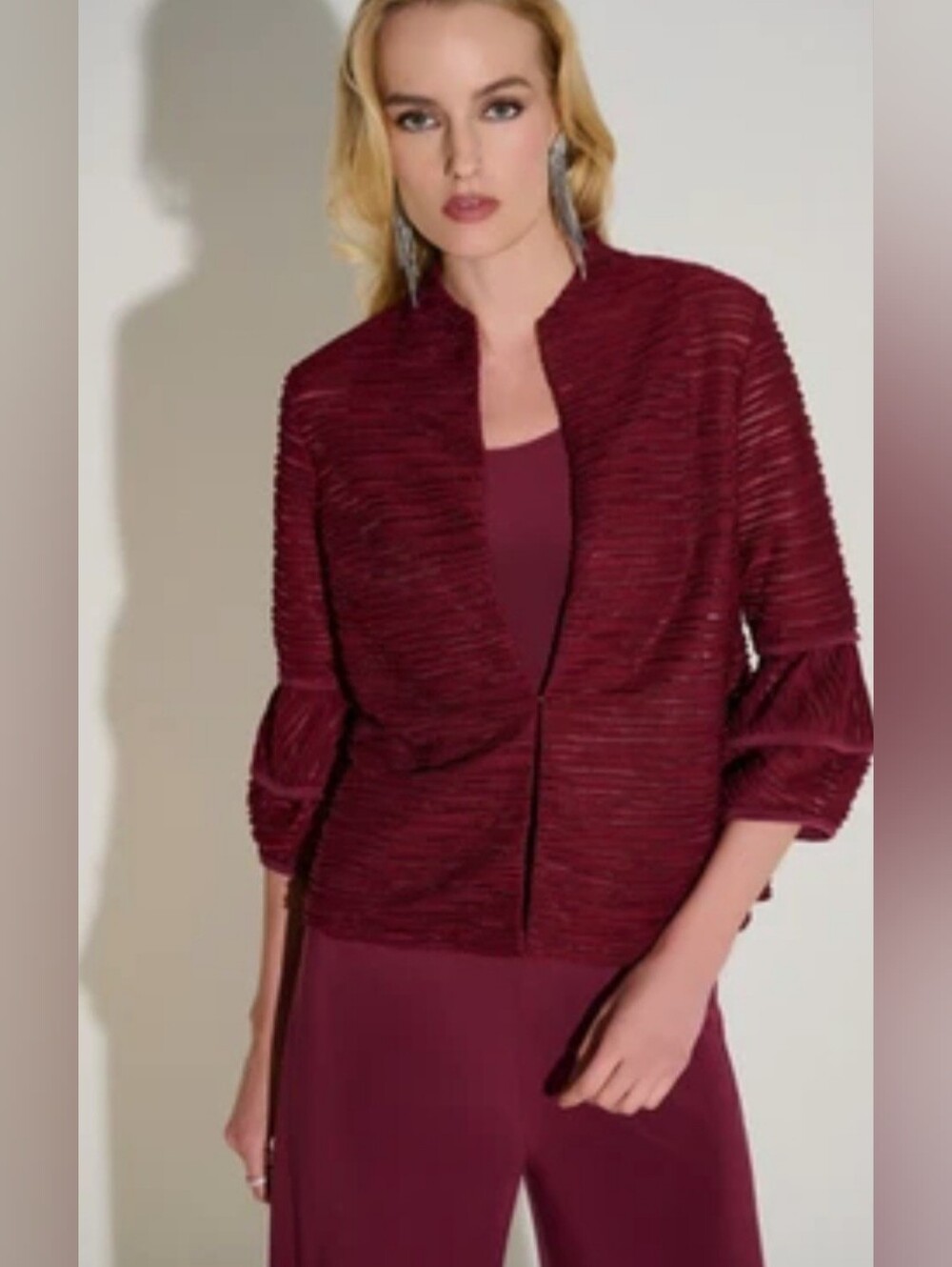 Joseph Ribkoff Set Merlot 3 Piece Open Ruched Jacket Pants Top - Picture 10 of 12